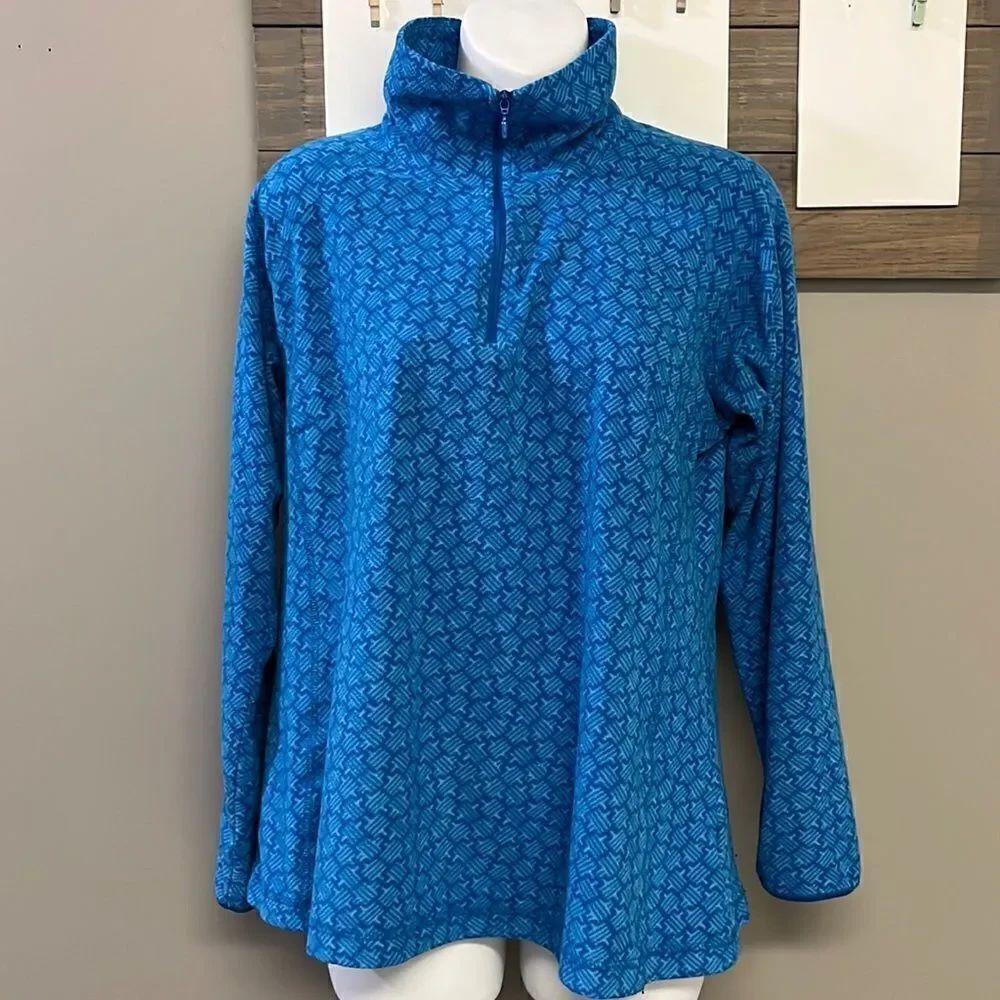 Columbia Women’s Blue Mock Neck Zip Up Long Sleeve Abstract Pattern Pullover- Lg